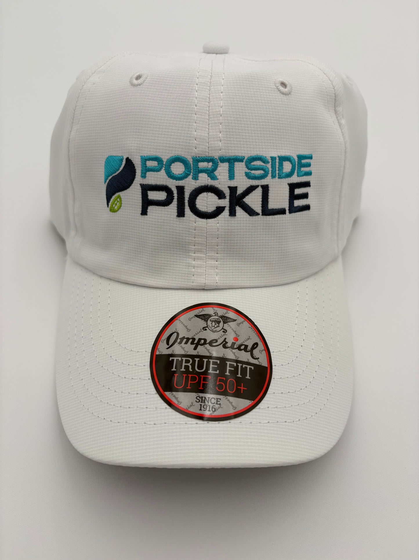 Portside Pickle White Imperial Hat with Stacked Logo, "P" on Left