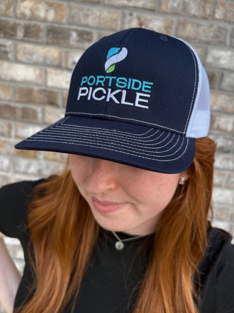 Portside Pickle Navy Richardson Hat with Embroidered Stacked Logo and White Stitching