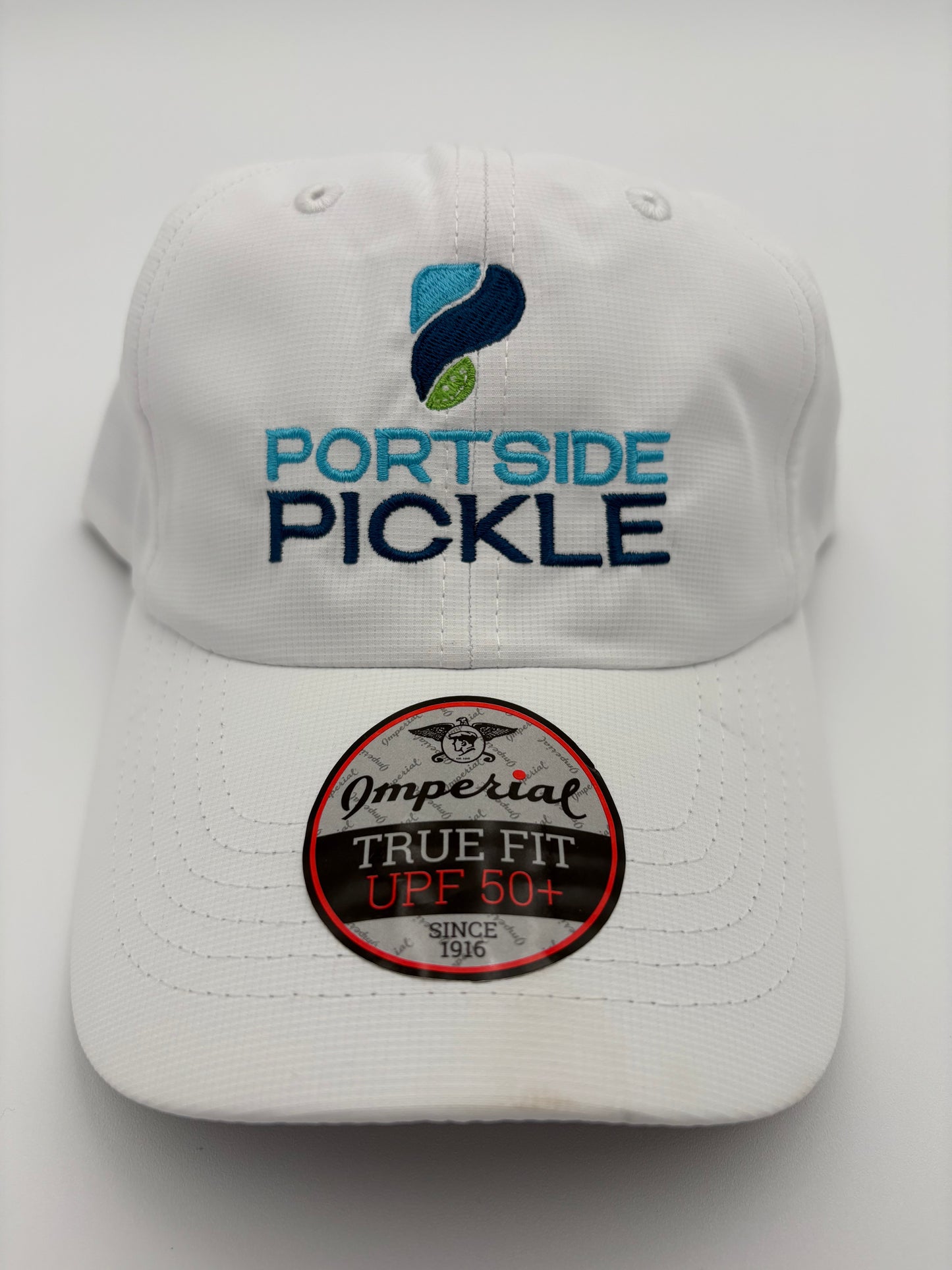 Portside Pickle White Imperial Hat with Stacked Logo, "P" on Top (Larger Lettering)