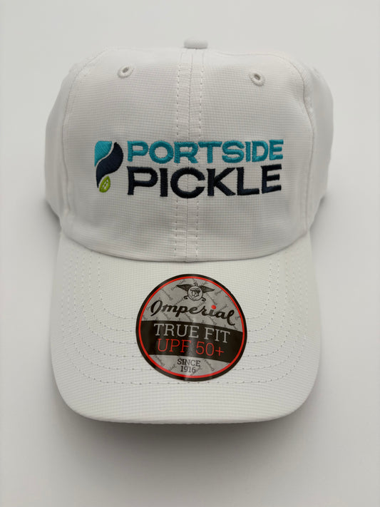 Portside Pickle White Imperial Hat with Stacked Logo, "P" on Left