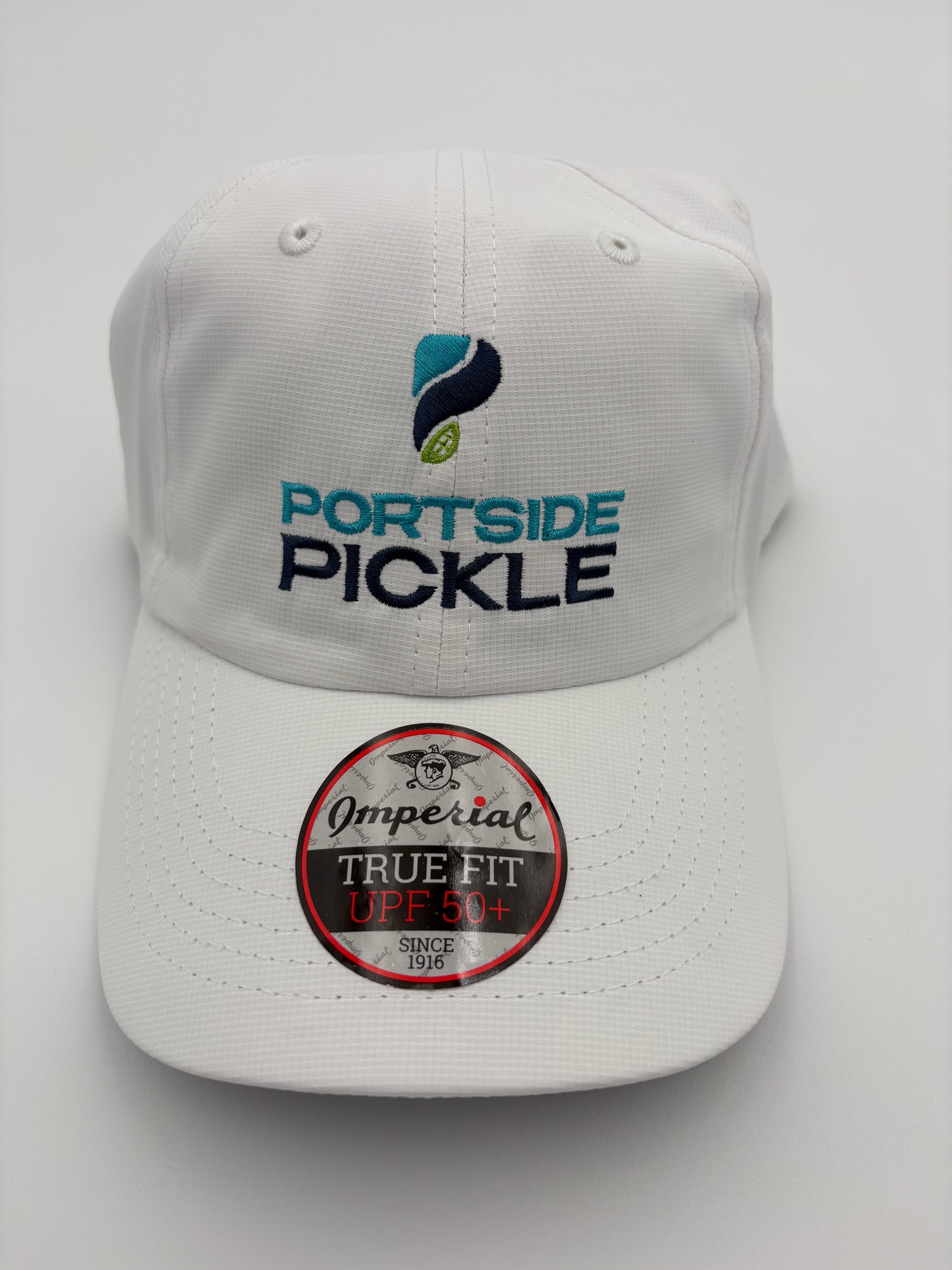 Portside Pickle White Imperial Hat with Stacked Logo, "P" on Top (Smaller Lettering)