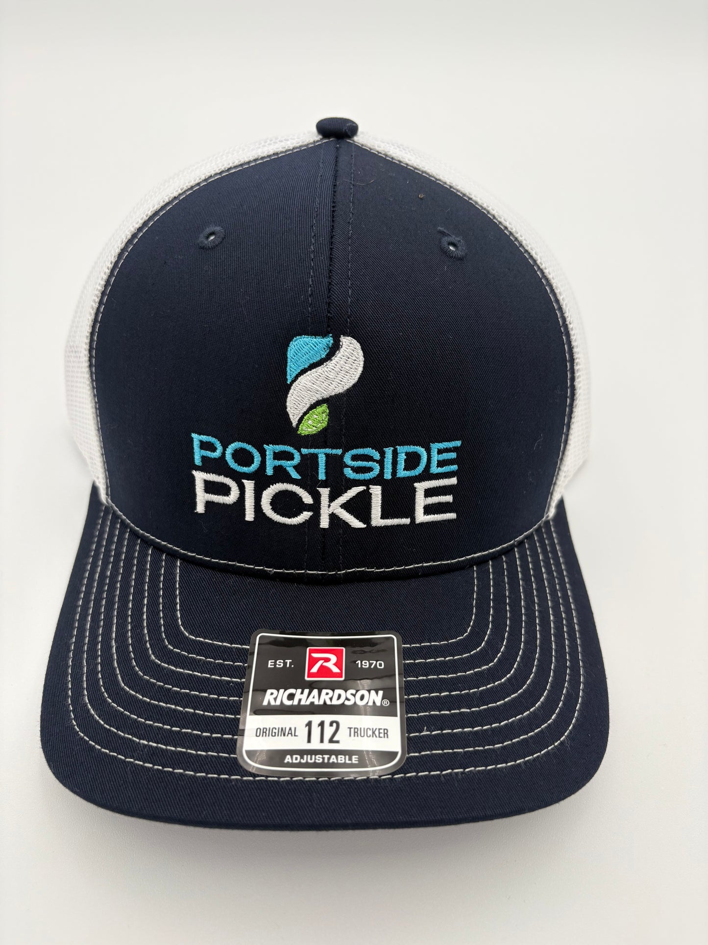 Portside Pickle Navy Richardson Hat with Embroidered Stacked Logo and White Stitching