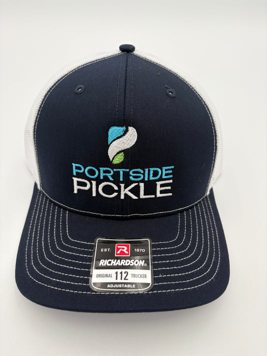 Portside Pickle Navy Richardson Hat with Embroidered Stacked Logo and White Stitching