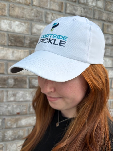 Portside Pickle White Imperial Hat with Stacked Logo, "P" on Top (Smaller Lettering)